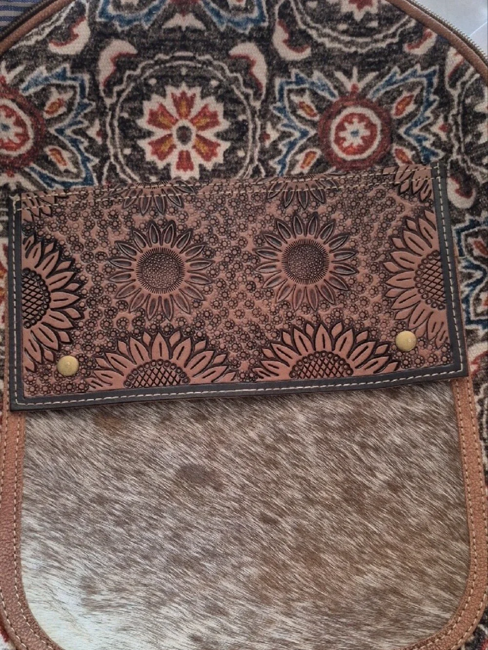 Boho Printed Canvas Backpack with Floral Tooled Leather Pocket - Multicolor